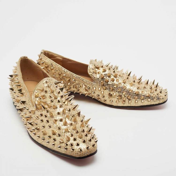 Pre Owned Christian Louboutin  Gold Suede Rollerboy Spikes Loafers Size 43