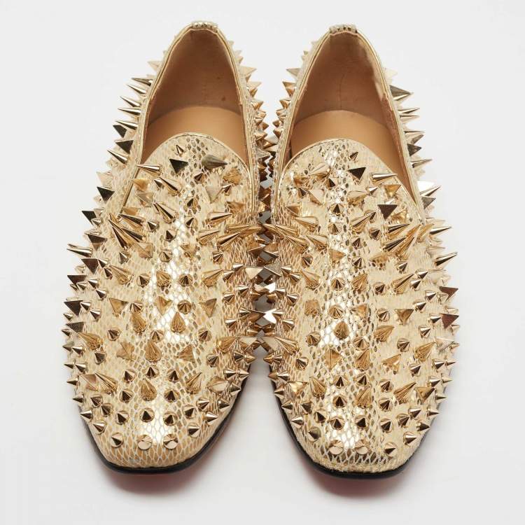 Pre Owned Christian Louboutin  Gold Suede Rollerboy Spikes Loafers Size 43