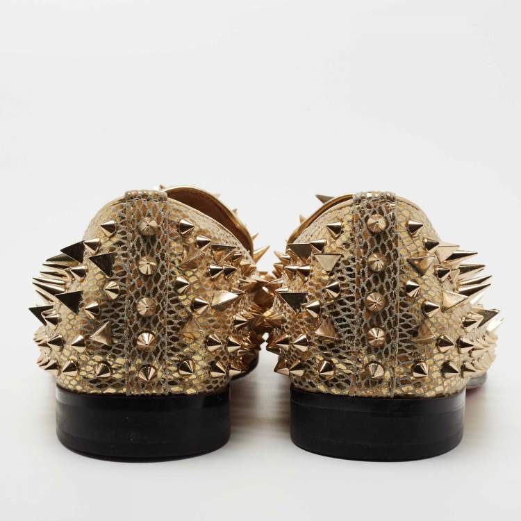 Pre Owned Christian Louboutin  Gold Suede Rollerboy Spikes Loafers Size 43