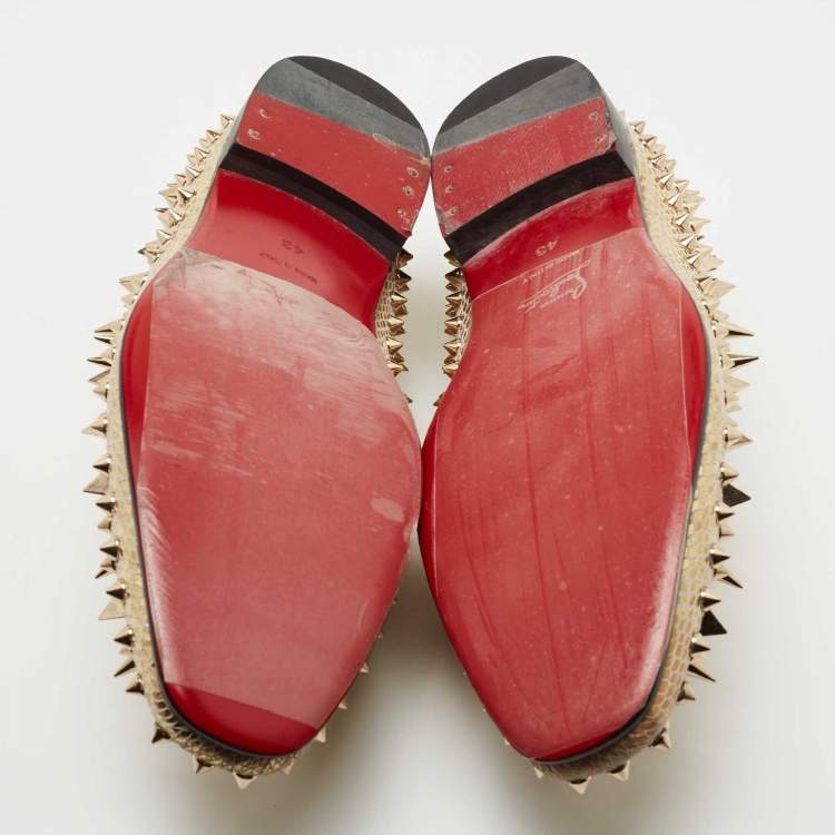 Pre Owned Christian Louboutin  Gold Suede Rollerboy Spikes Loafers Size 43
