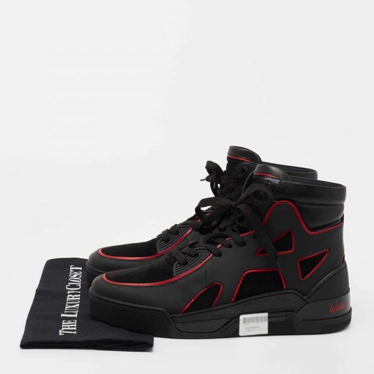 Pre Owned Christian Louboutin Black/Red Suede and Leather High Top Sneakers Size 42.5 