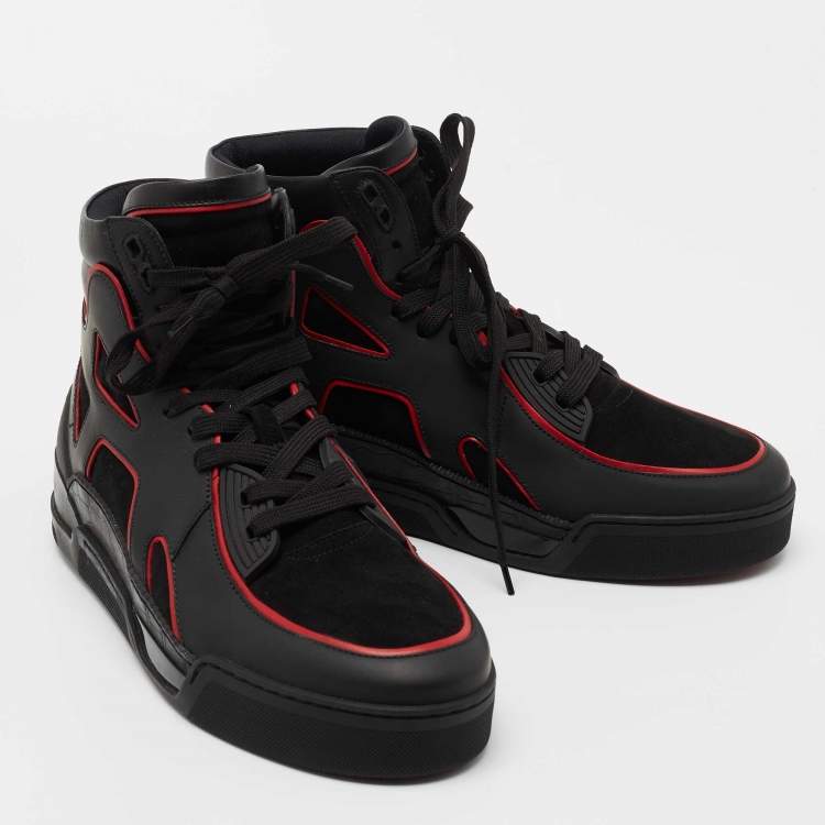 Pre Owned Christian Louboutin Black/Red Suede and Leather High Top Sneakers Size 42.5 