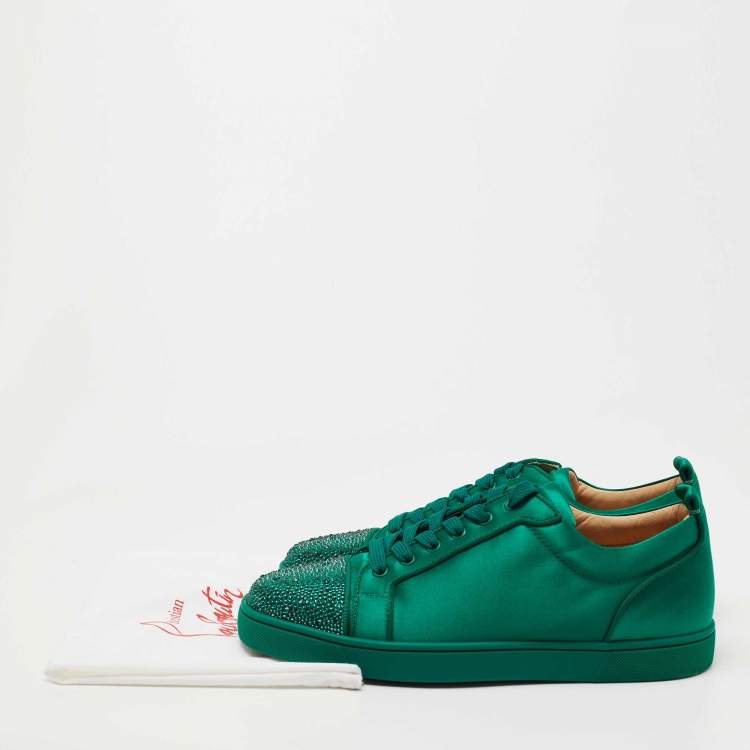 Pre Owned Christian Louboutin Green Satin Louis Junior Strass Low Top Sneakers Size 42.5