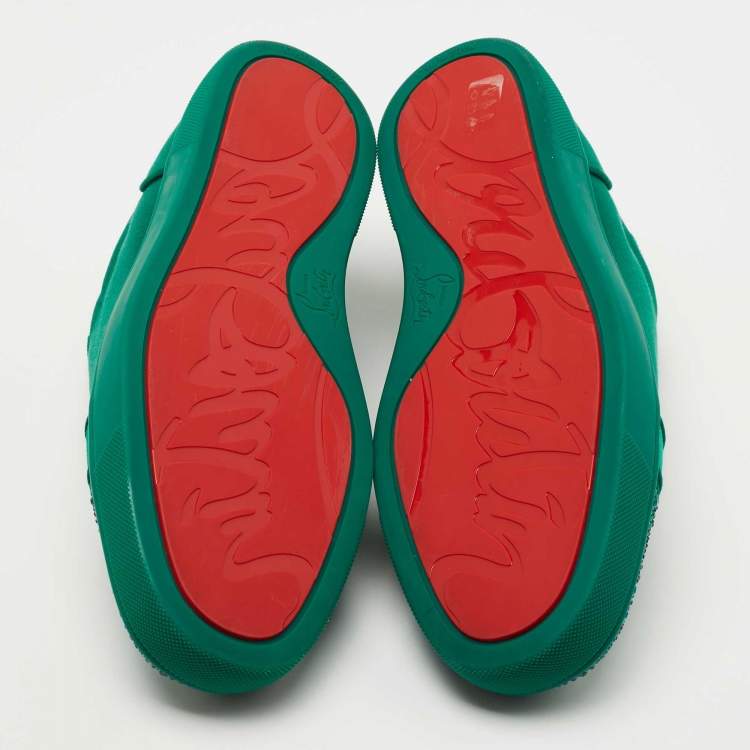 Pre Owned Christian Louboutin Green Satin Louis Junior Strass Low Top Sneakers Size 42.5