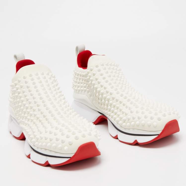 Pre Owned Christian Louboutin White Neoprene Spike Sock Sneakers Size 40