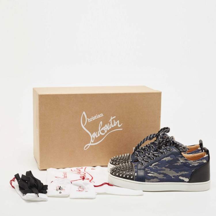 Pre Owned Christian Louboutin Black/Blue Leather and Lurex Fabric Louis Junior Spikes Low Top Sneakers Size 39.5