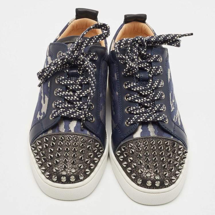 Pre Owned Christian Louboutin Black/Blue Leather and Lurex Fabric Louis Junior Spikes Low Top Sneakers Size 39.5