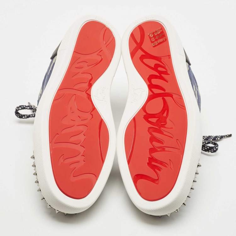 Pre Owned Christian Louboutin Black/Blue Leather and Lurex Fabric Louis Junior Spikes Low Top Sneakers Size 39.5