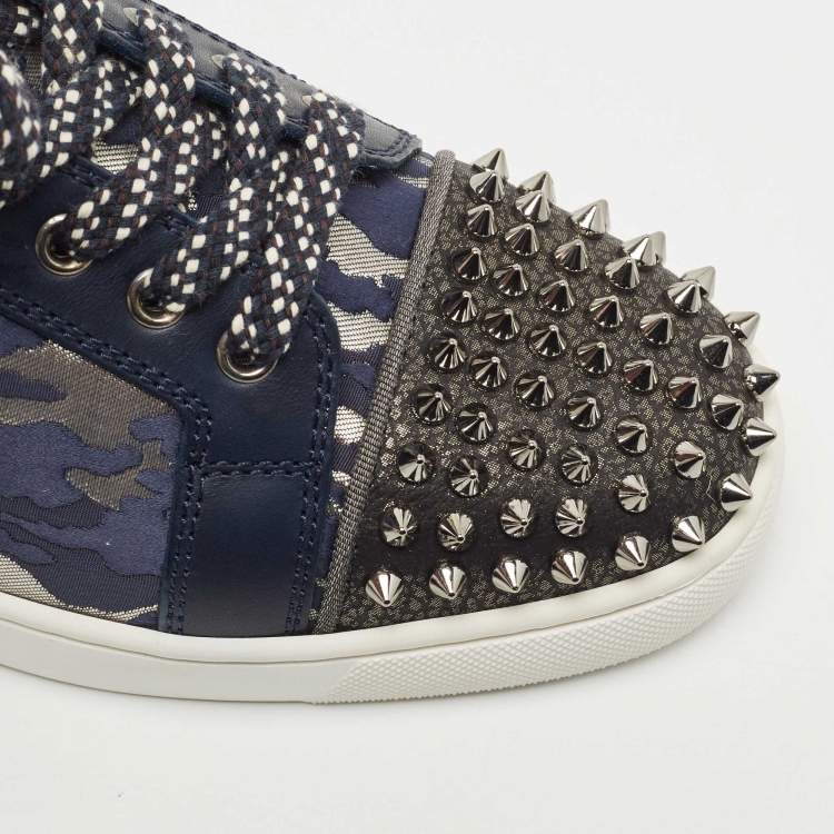 Pre Owned Christian Louboutin Black/Blue Leather and Lurex Fabric Louis Junior Spikes Low Top Sneakers Size 39.5