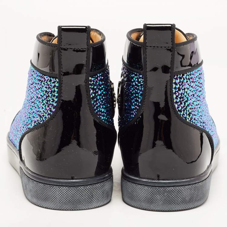 Pre Owned Christian Louboutin Black Patent Leather and Suede Embellished Louis High-Top Sneakers Size 40.5
