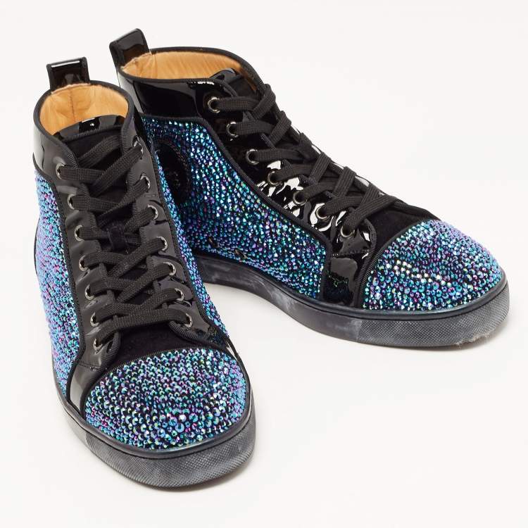 Pre Owned Christian Louboutin Black Patent Leather and Suede Embellished Louis High-Top Sneakers Size 40.5