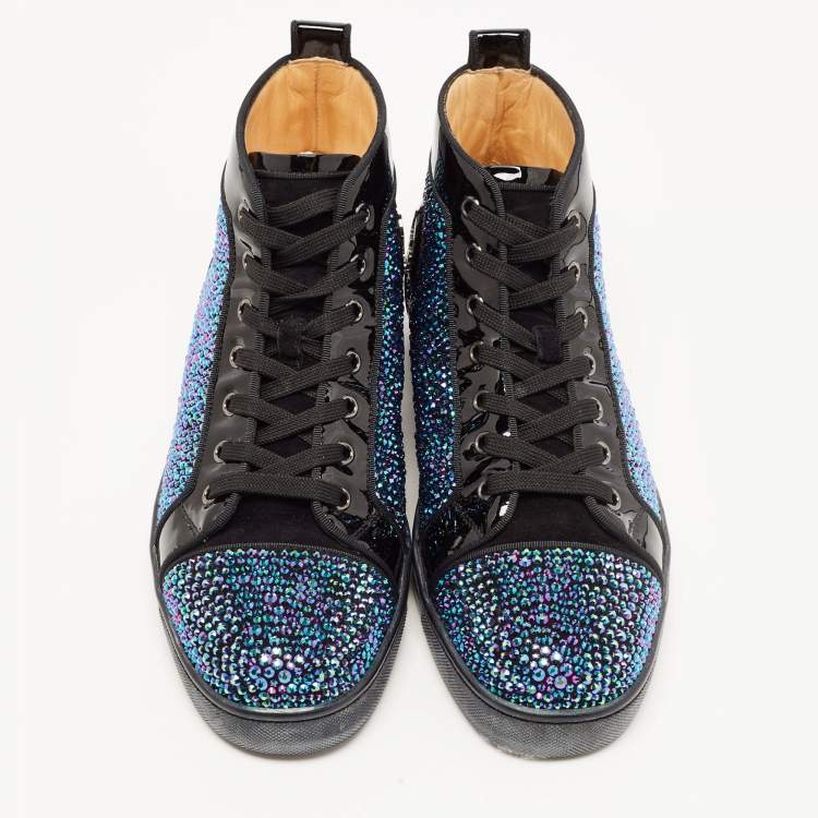 Pre Owned Christian Louboutin Black Patent Leather and Suede Embellished Louis High-Top Sneakers Size 40.5