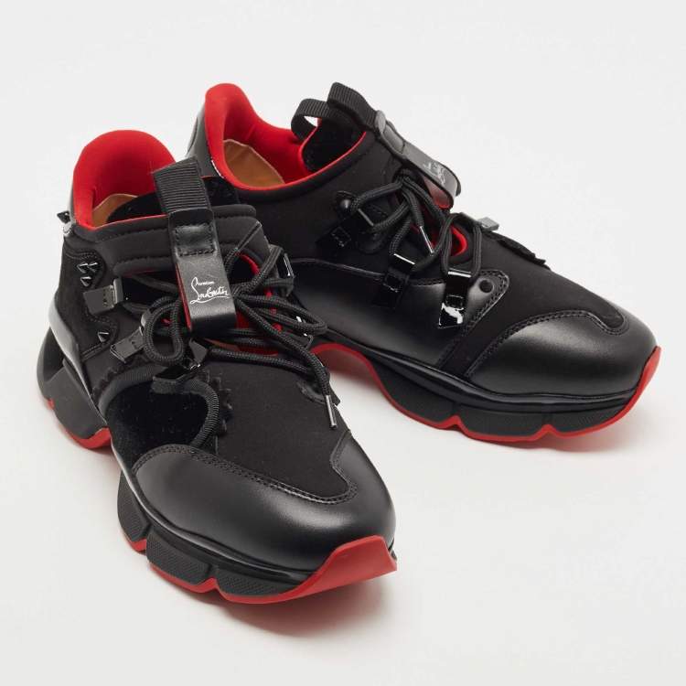 Pre Owned Christian Louboutin Black Leather and Fabric Red Runner Studded Low Top Sneakers Size 39