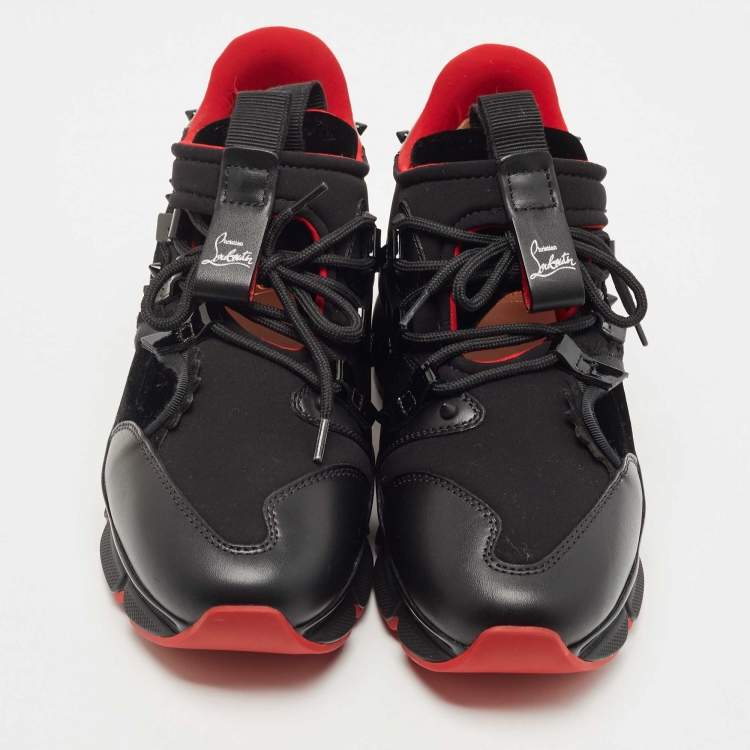 Pre Owned Christian Louboutin Black Leather and Fabric Red Runner Studded Low Top Sneakers Size 39