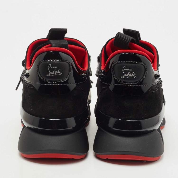 Pre Owned Christian Louboutin Black Leather and Fabric Red Runner Studded Low Top Sneakers Size 39