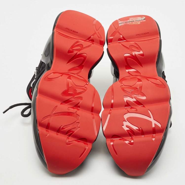Pre Owned Christian Louboutin Black Leather and Fabric Red Runner Studded Low Top Sneakers Size 39