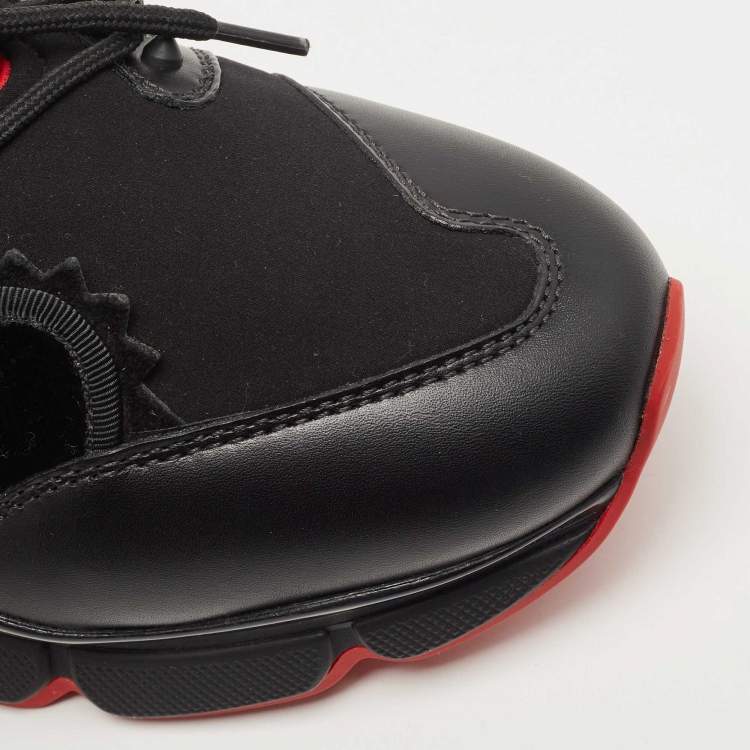 Pre Owned Christian Louboutin Black Leather and Fabric Red Runner Studded Low Top Sneakers Size 39