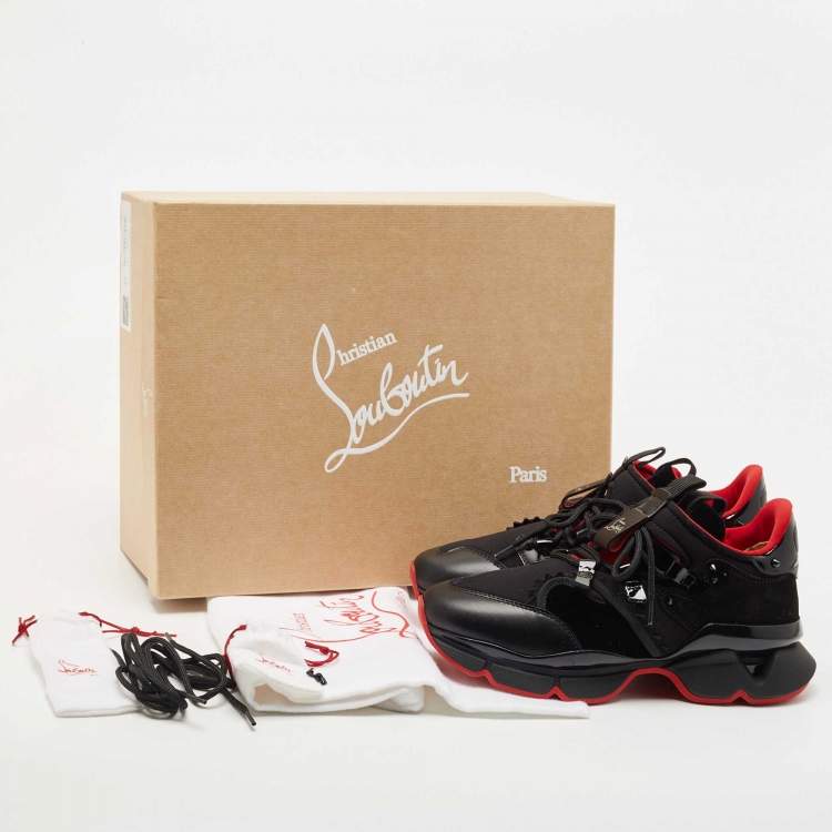Pre Owned Christian Louboutin Black Leather and Fabric Red Runner Studded Low Top Sneakers Size 39