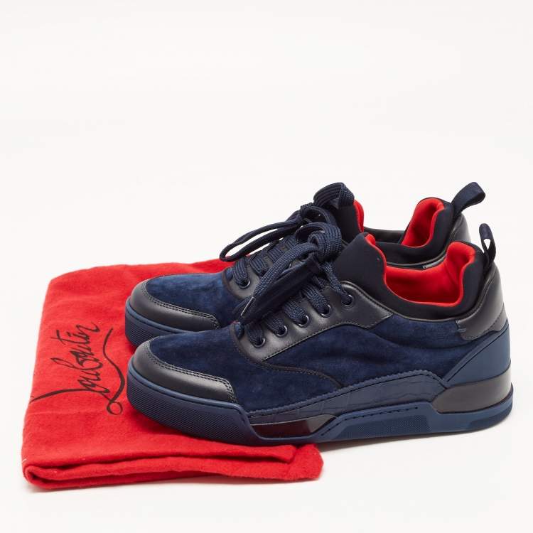 Pre Owned Christian Louboutin Navy Blue/Black Leather and Suede Aurelien Sneakers Size 39.5