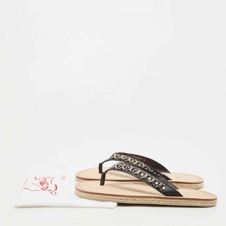 Pre Owned  Christian Louboutin Black Leather Spike Thong Sandals Size 43