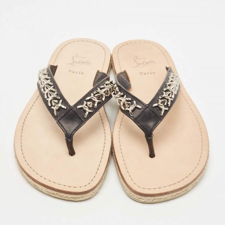 Pre Owned  Christian Louboutin Black Leather Spike Thong Sandals Size 43