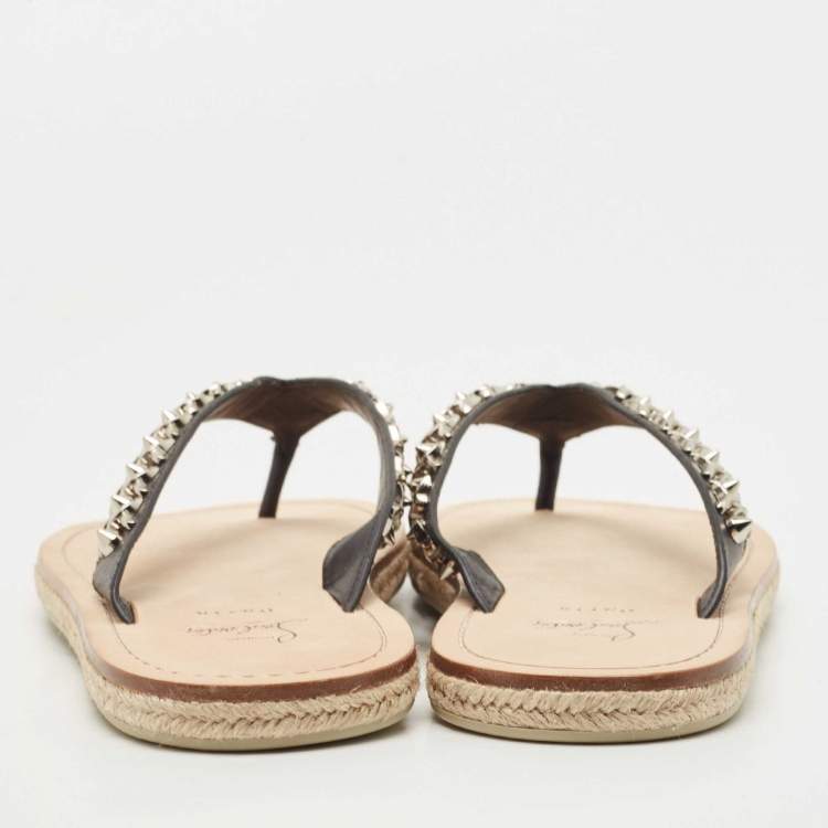 Pre Owned  Christian Louboutin Black Leather Spike Thong Sandals Size 43