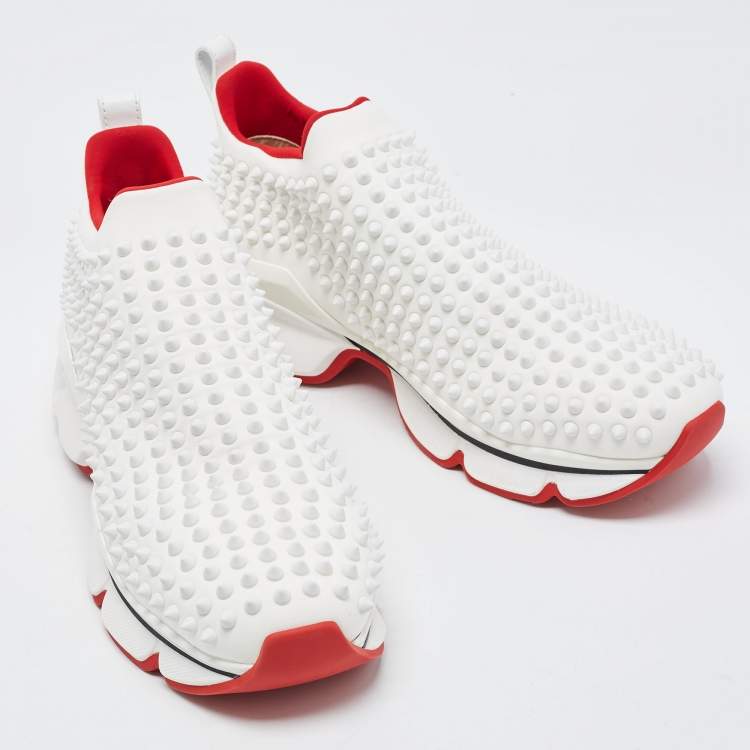 Pre Owned Christian Louboutin White Neoprene Spike Sock Slip On Sneakers Size 42
