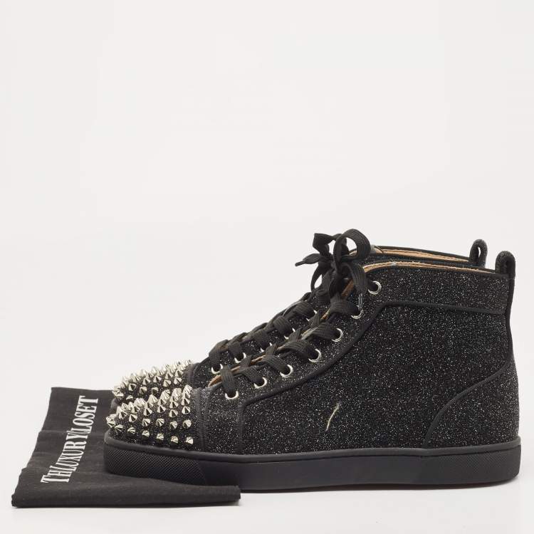 Pre Owned Christian Louboutin Black Glitter Louis Spike High Top Sneakers Size 42
