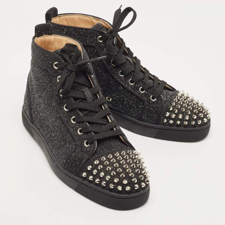 Pre Owned Christian Louboutin Black Glitter Louis Spike High Top Sneakers Size 42