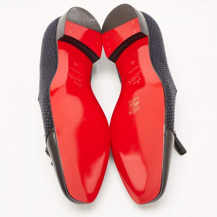 Pre Owned Christian Louboutin Navy Blue/Black Woven Fabric and Leather Spiked Tassel Smoking Slippers Size 42