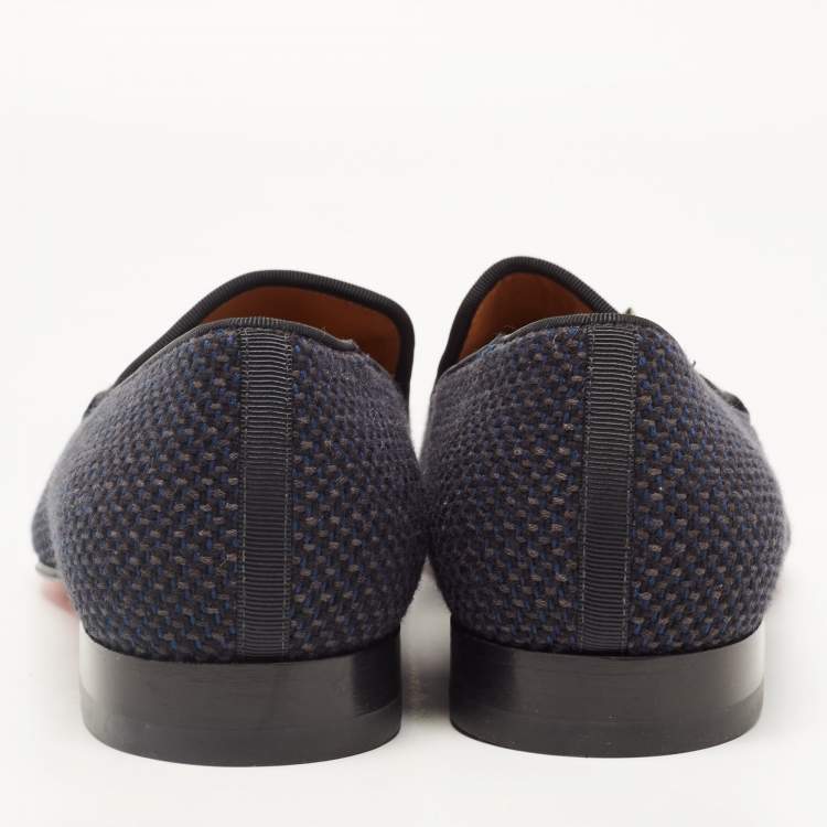 Pre Owned Christian Louboutin Navy Blue/Black Woven Fabric and Leather Spiked Tassel Smoking Slippers Size 42
