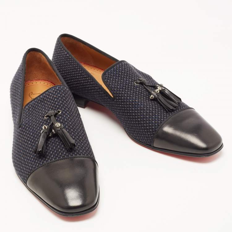 Pre Owned Christian Louboutin Navy Blue/Black Woven Fabric and Leather Spiked Tassel Smoking Slippers Size 42