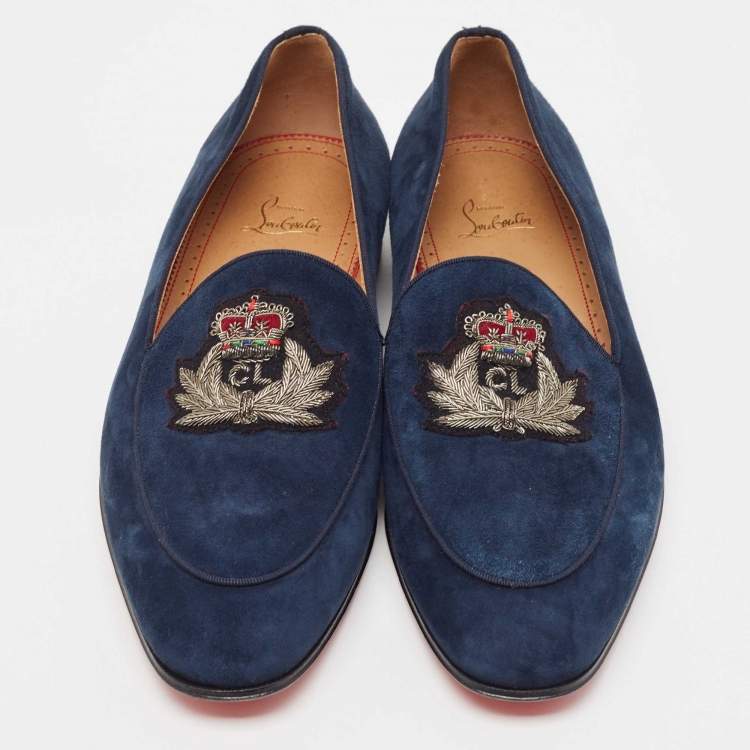 Pre Owned Christian Louboutin Navy Blue Suede Nile Loafers Size 43