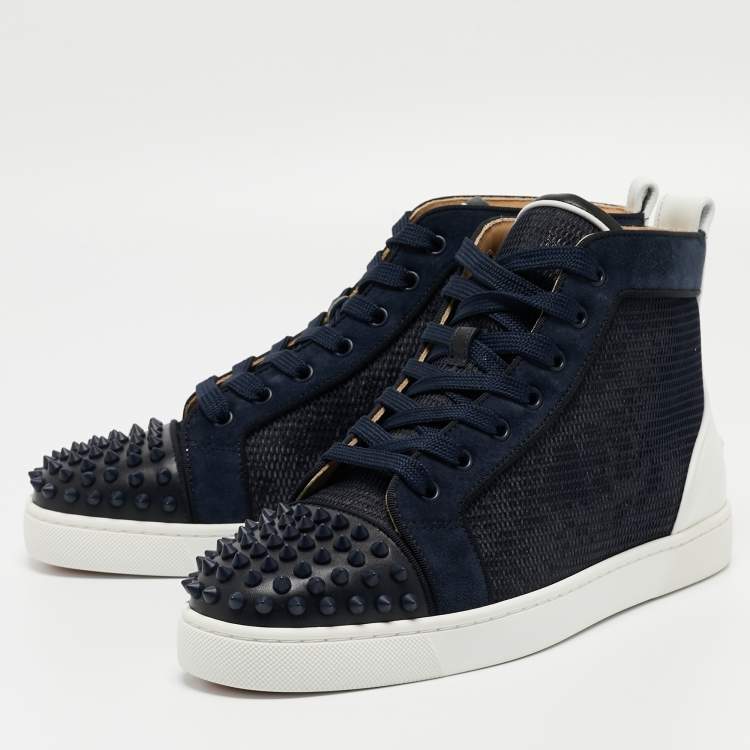Pre Owned Christian Louboutin Navy Blue/White Leather Lou Spike Orlato Sneakers Size41 