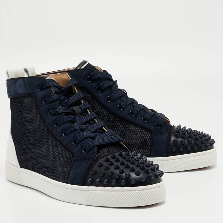 Pre Owned Christian Louboutin Navy Blue/White Leather Lou Spike Orlato Sneakers Size41 