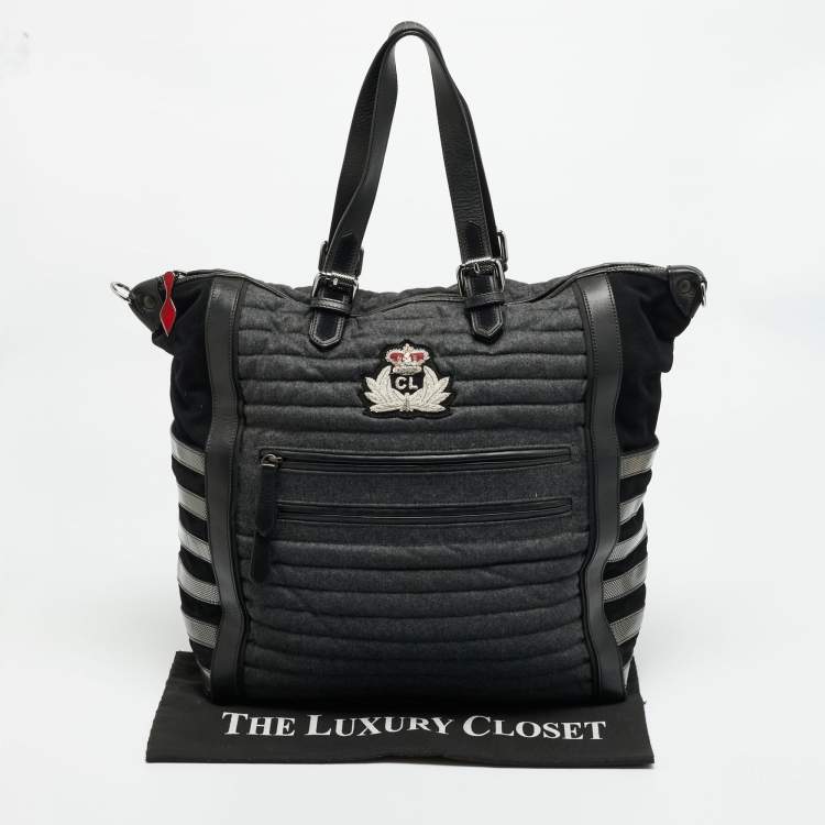 Pre Owned Christian Louboutin Crest Logo Patch Black/Grey Fabric and Mix Leather Tote