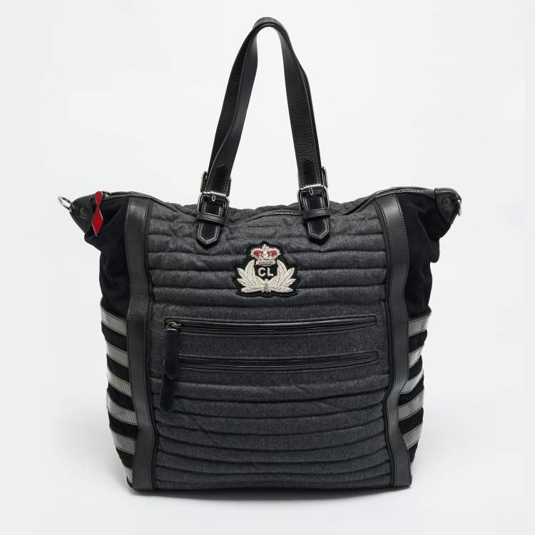 Pre Owned Christian Louboutin Crest Logo Patch Black/Grey Fabric and Mix Leather Tote