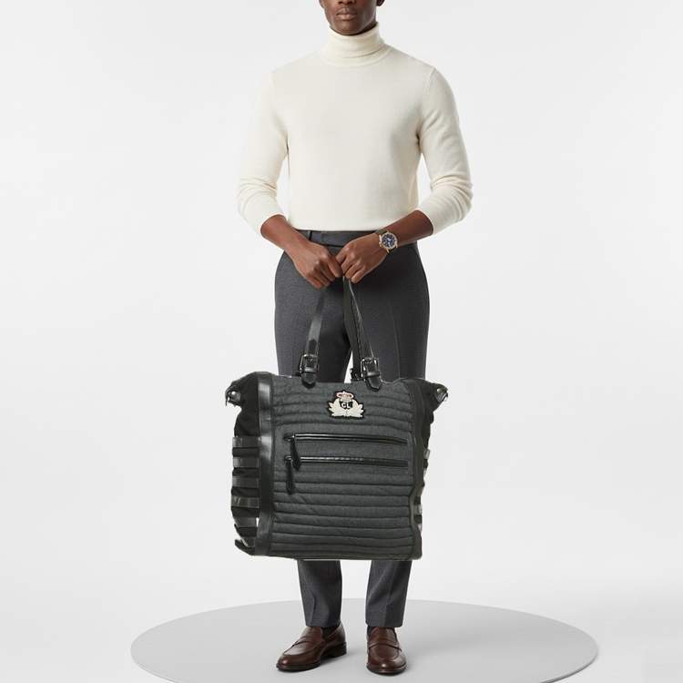 Pre Owned Christian Louboutin Crest Logo Patch Black/Grey Fabric and Mix Leather Tote