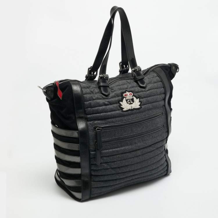 Pre Owned Christian Louboutin Crest Logo Patch Black/Grey Fabric and Mix Leather Tote