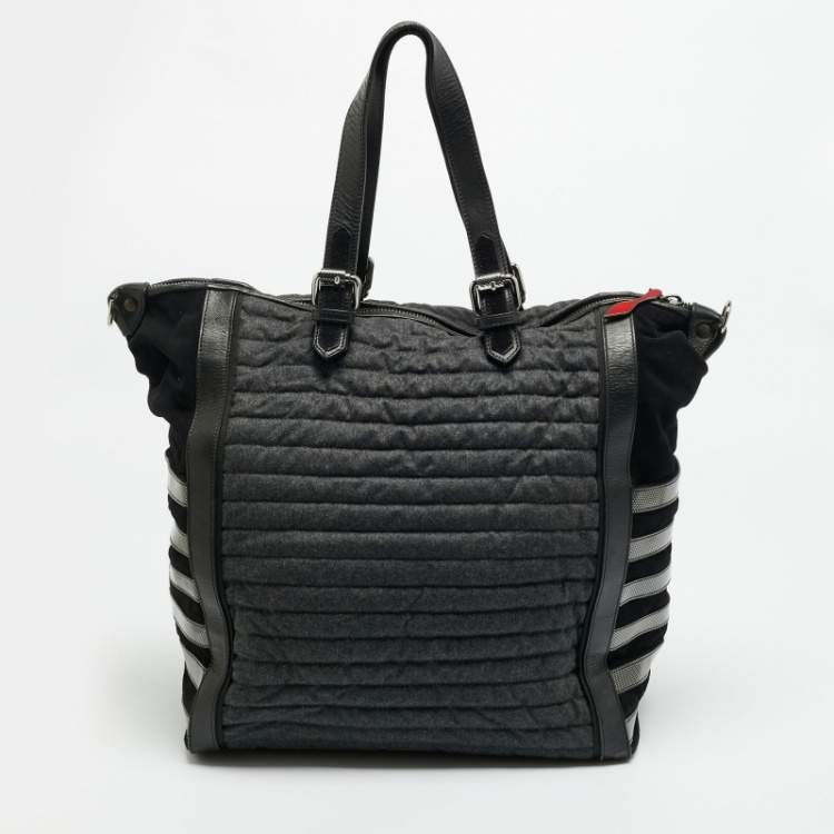 Pre Owned Christian Louboutin Crest Logo Patch Black/Grey Fabric and Mix Leather Tote