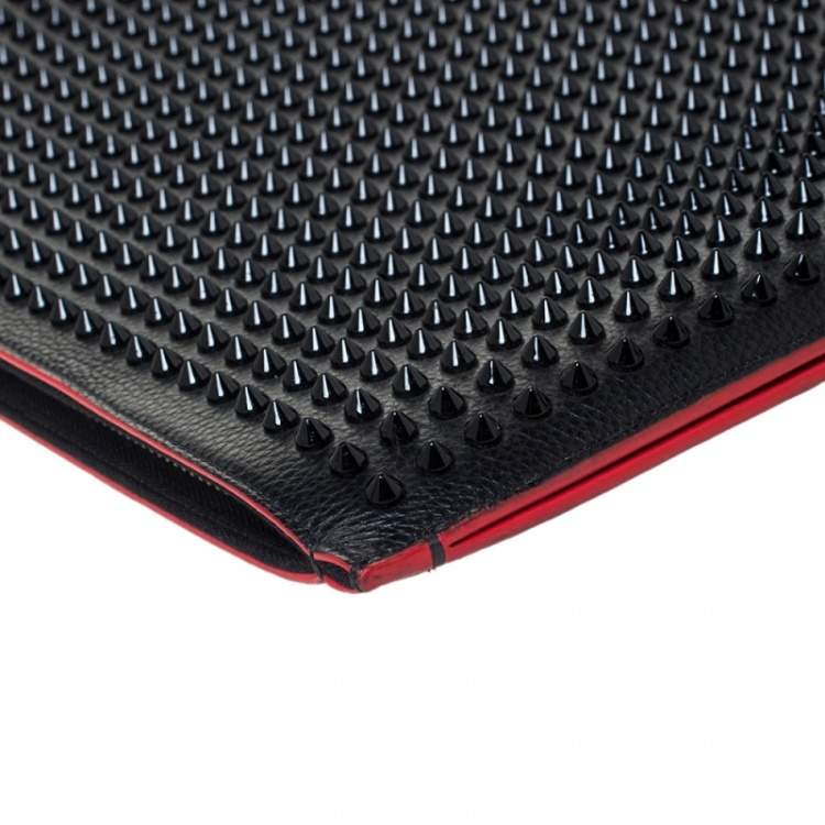 Pre Owned Christian Louboutin Black Leather Spike Trictrac Portfolio Bag
