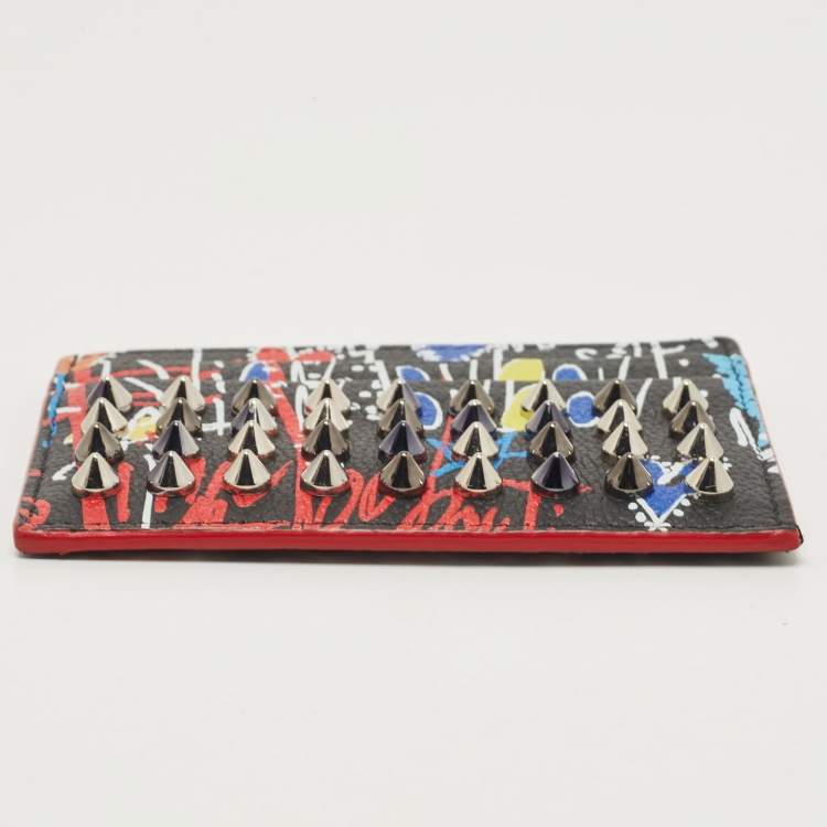 Pre Owned Christian Louboutin Multicolor Graffiti Leather Spike Card Holder