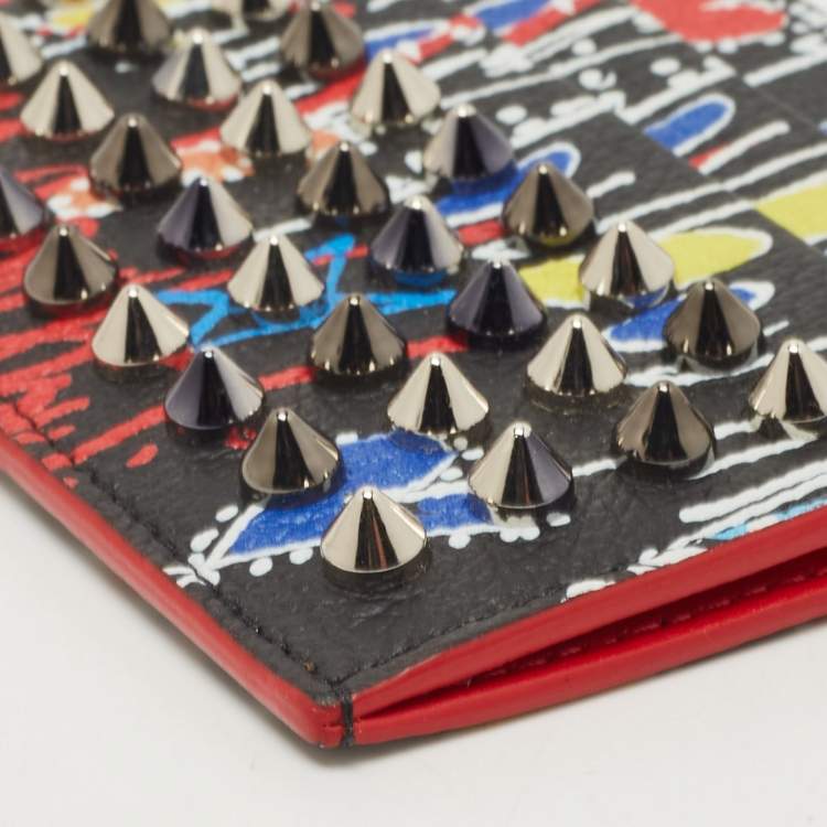 Pre Owned Christian Louboutin Multicolor Graffiti Leather Spike Card Holder