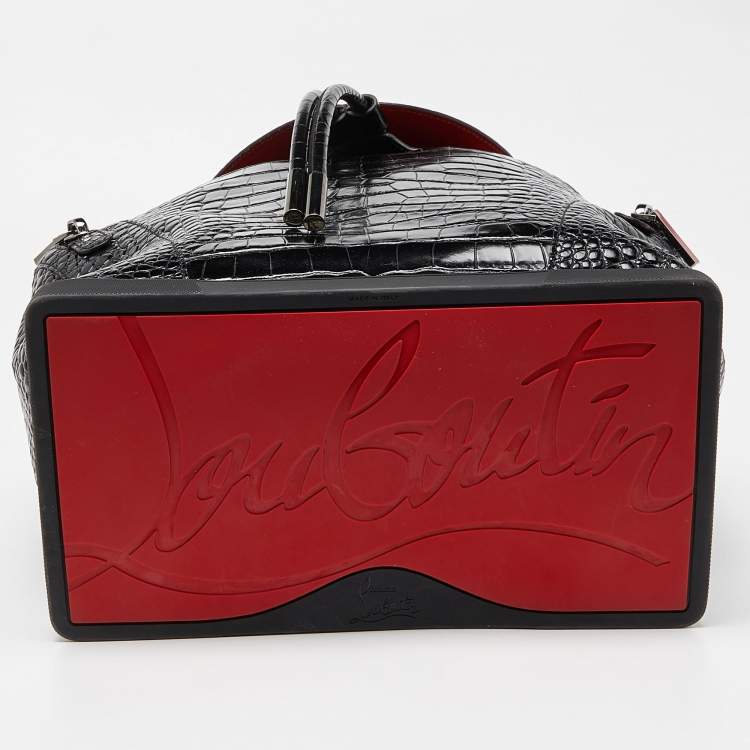 Pre Owned Christian Louboutin Black/Red Croc Embossed Leather and Rubber Explorafunk Backpack