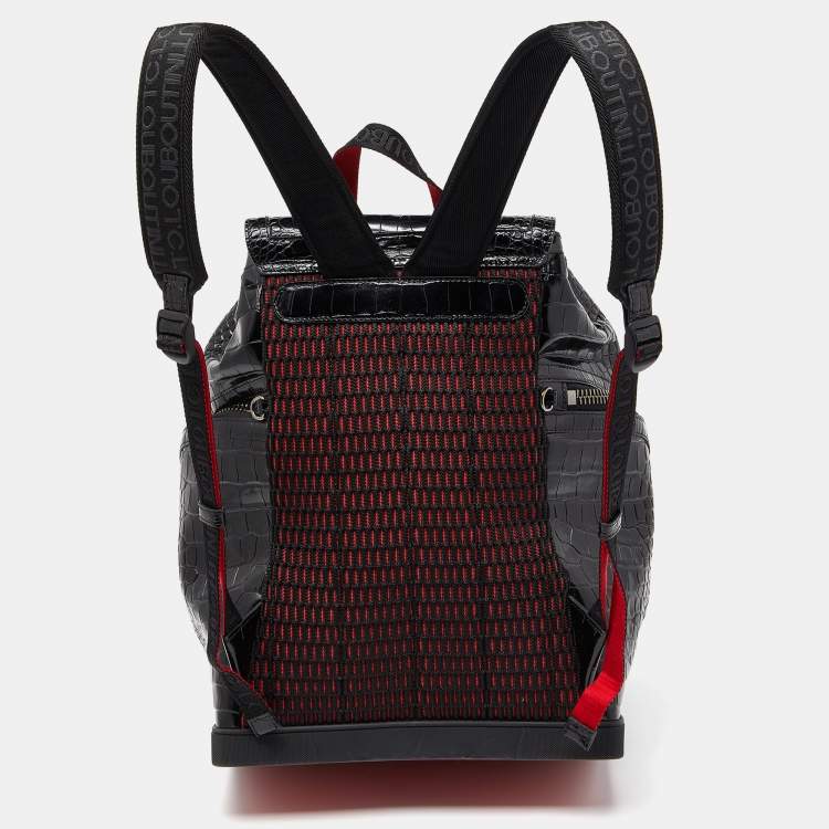 Pre Owned Christian Louboutin Black/Red Croc Embossed Leather and Rubber Explorafunk Backpack