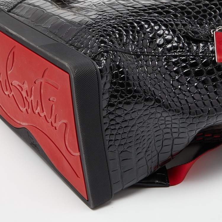 Pre Owned Christian Louboutin Black/Red Croc Embossed Leather and Rubber Explorafunk Backpack