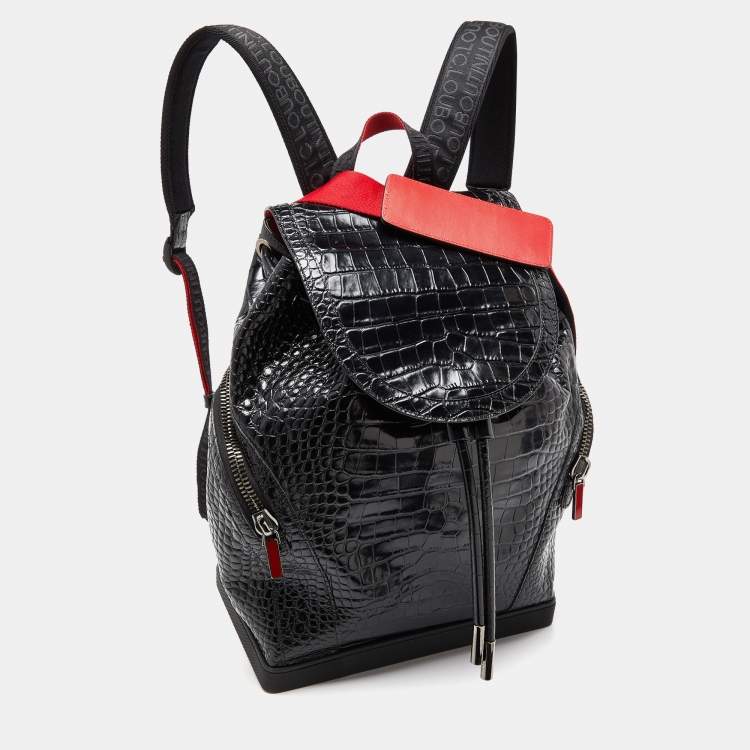 Pre Owned Christian Louboutin Black/Red Croc Embossed Leather and Rubber Explorafunk Backpack