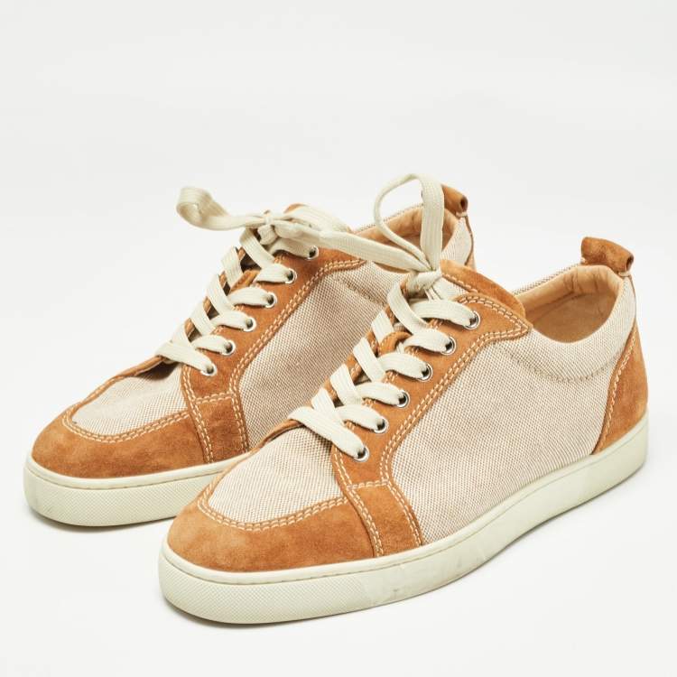 مملوكة مسبقًا Christian Louboutin Beige/Brown Canvas and Suede Rantulow Sneakers Size 45