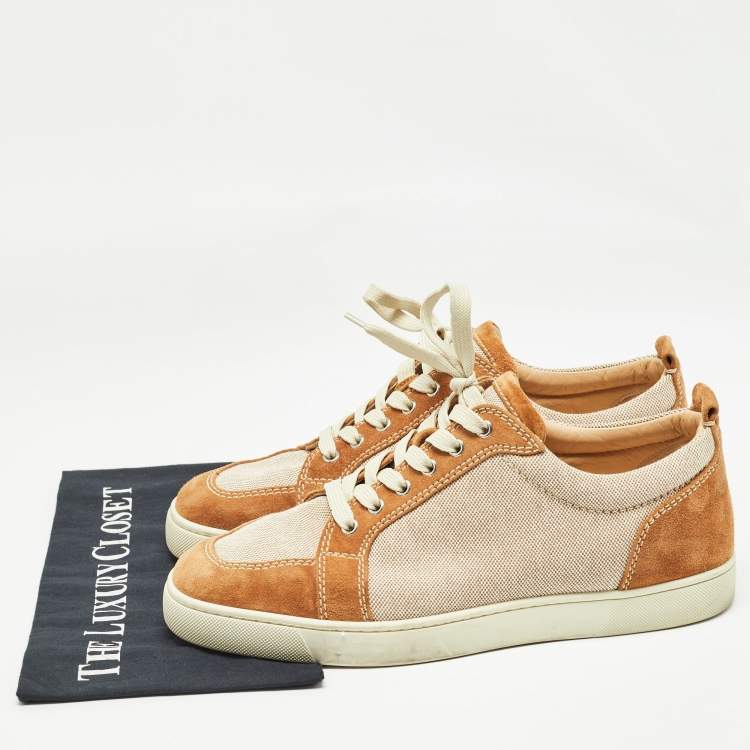 مملوكة مسبقًا Christian Louboutin Beige/Brown Canvas and Suede Rantulow Sneakers Size 45