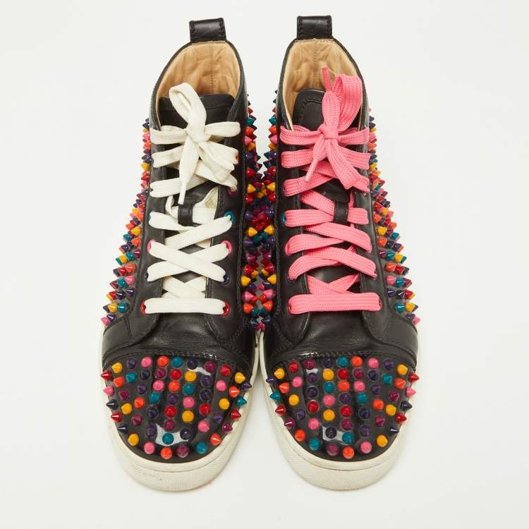 Pre Owned Christian Louboutin Black Patent and Leather Multicolor Spikes Louis Sneakers Size 42
